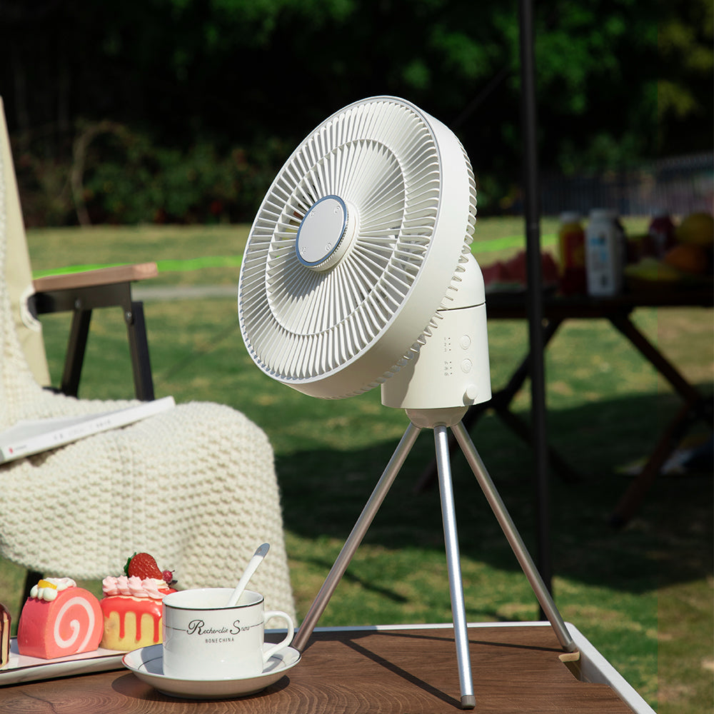 Oriday Driepoot Campingventilator | Stille oplaadbare vloerventilator met LED-verlichting en afstandsbediening – Draagbaar voor tent of thuisgebruik