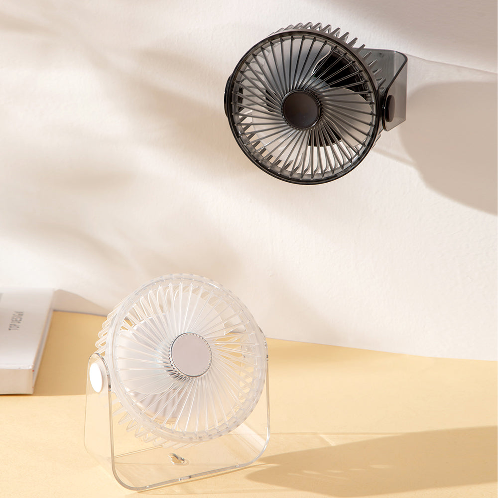 Nouveau ventilateur de bureau transfrontalier avec fonction de circulation, veilleuse transparente, autonomie ultra longue et charge USB. Parfait pour le camping en plein air, les étudiants, les dortoirs et les bureaux – Oriday.