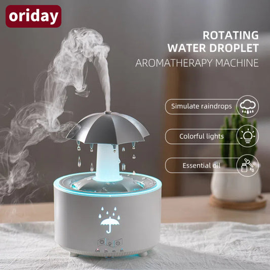 【Súper ventas】Difusor de aromaterapia giratorio con luz nocturna multicolor|Diseño en forma de gota de agua con paraguas, hidrata y perfuma|Ideal para el hogar, dormitorio, residencia u oficina – humidificador refrescante