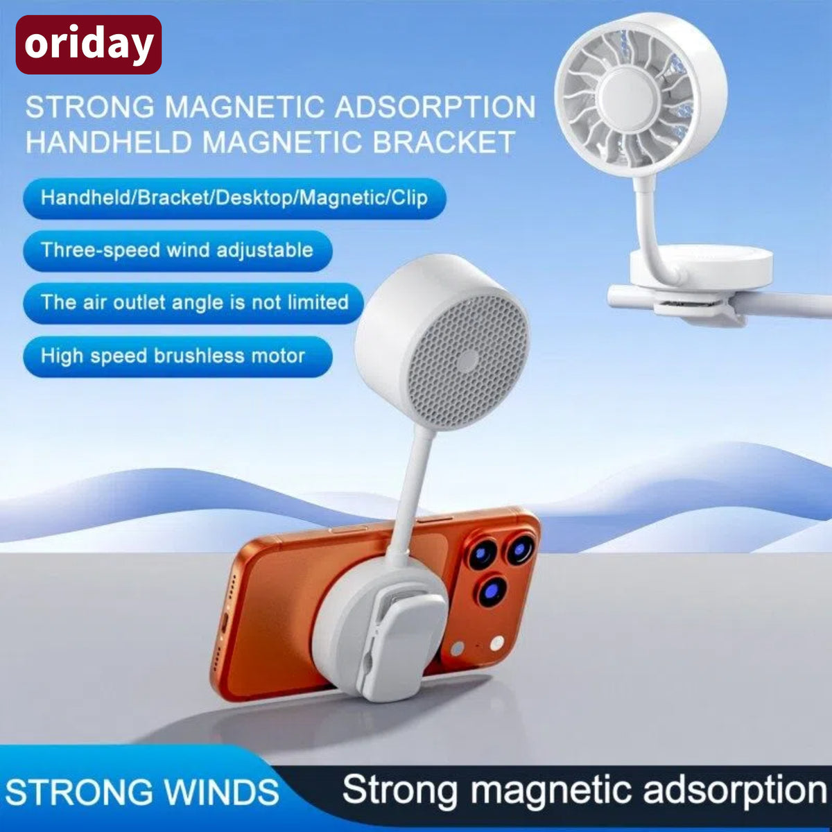 Oriday【2026 Yeni Model】5'i 1 Arada Manyetik Taşınabilir Vantilatör|360° Esnek Klipsli Mini Vantilatör|USB Type-C Hızlı Şarj|3 Kademeli Güçlü ve Sessiz Hava Akışı|Bebek Arabası / Ofis / Dış Mekan için Taşınabilir Vantilatör