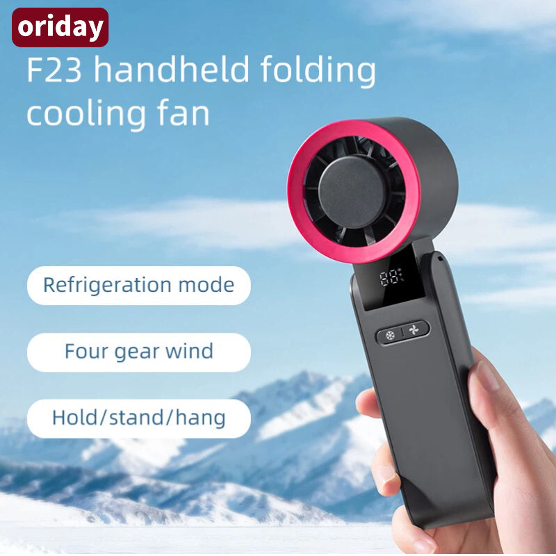 Oriday tragbarer faltbarer Kühlventilator mit großem Akku und langer Laufzeit, 4 Geschwindigkeiten, 10000 U/min, leiser starker Wind, hochauflösende digitale Anzeige für Akku- und Geschwindigkeitsstufen, Sofortkühlung mit einem Knopfdruck,