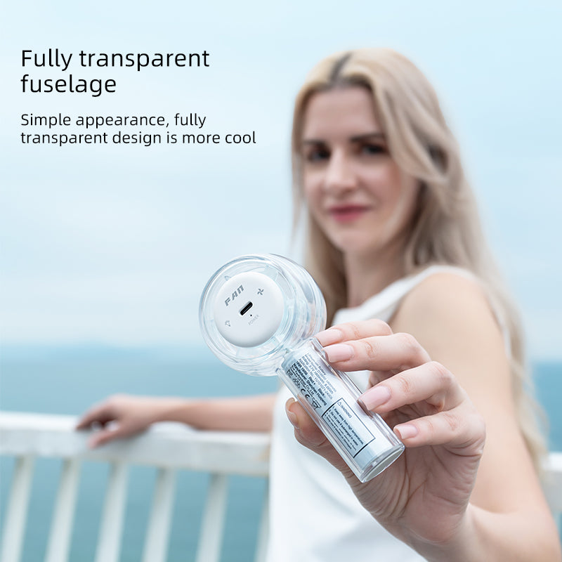 Oriday Ventilatore portatile con design trasparente e luci LED a sette colori | Tre velocità con possibilità di appendere | Leggero e portatile, perfetto per l'uso quotidiano e per attività all'aperto, design elegante