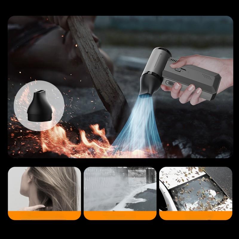 Ventilateur portatif turbo à grande vitesse 4-en-1 : sèche-cheveux, aspirateur de voiture, pompe à air, et souffleur de feu pour le camping. Recharge Type-C. Parfait pour la maison ou l’extérieur – par Oriental Prime.