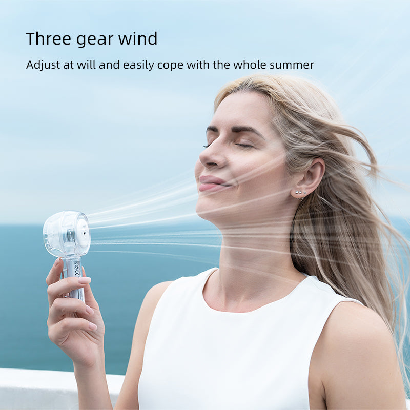 Oriday Ventilatore portatile con design trasparente e luci LED a sette colori | Tre velocità con possibilità di appendere | Leggero e portatile, perfetto per l'uso quotidiano e per attività all'aperto, design elegante