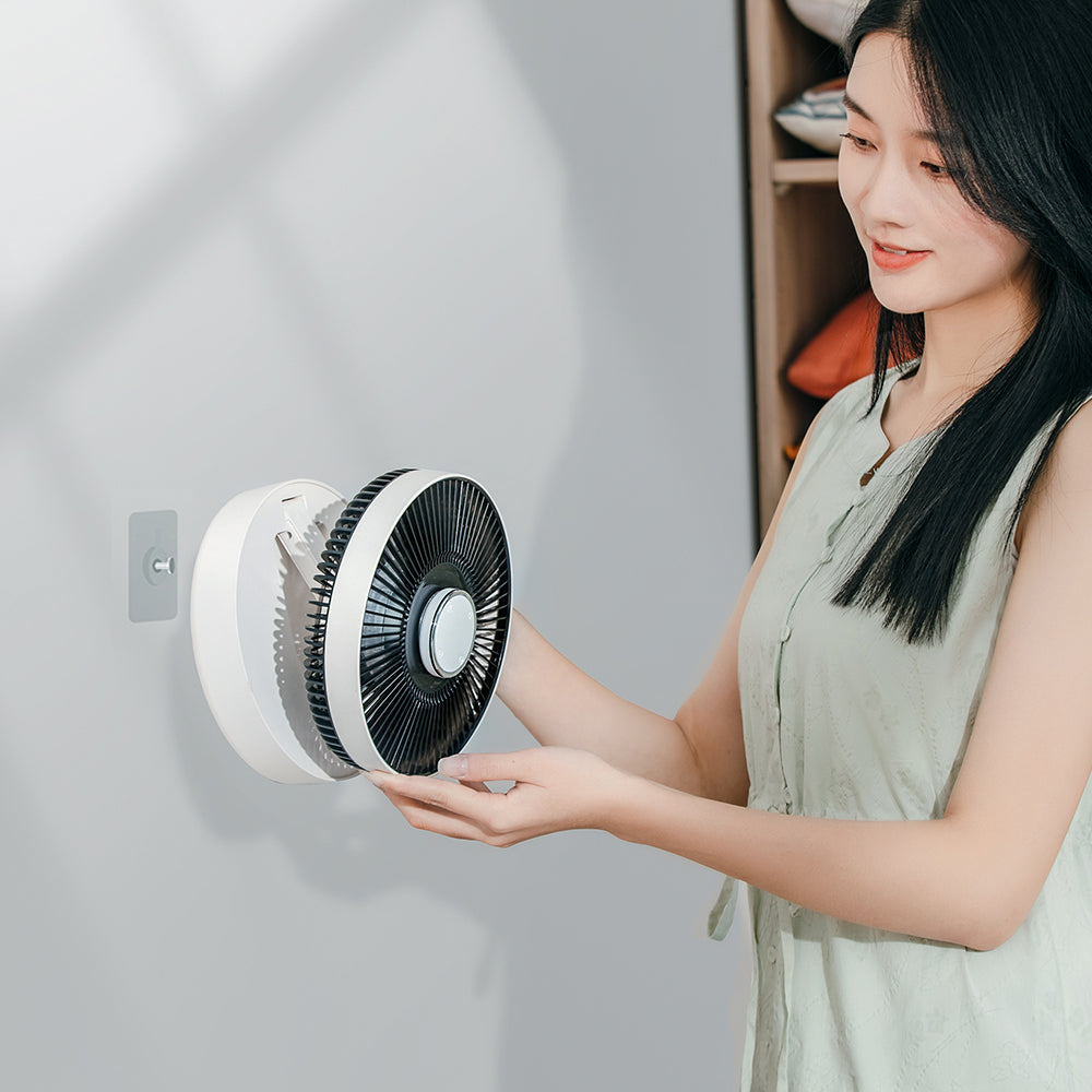 Oriday Ventilador inteligente oscilante de pared|Carga inalámbrica sin taladro・Silencioso para escritorio/oficina・Con control remoto y temporizador para el hogar