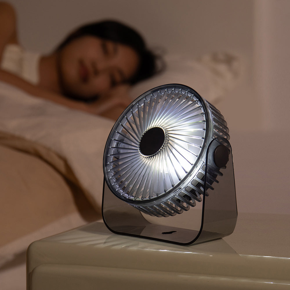 Nouveau ventilateur de bureau transfrontalier avec fonction de circulation, veilleuse transparente, autonomie ultra longue et charge USB. Parfait pour le camping en plein air, les étudiants, les dortoirs et les bureaux – Oriday.
