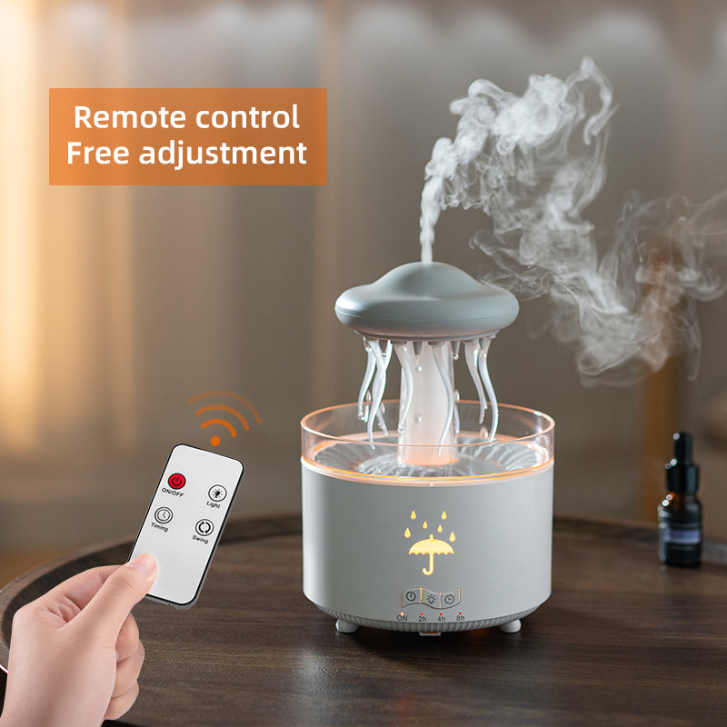 【ضباب كثيف بدون ضوضاء】جهاز عطر دوار بشكل قنديل البحر وقطرات المطر|إضاءة مزاجية متعددة الألوان + نشر الزيوت العطرية|مرطب منزلي لغرفة النوم