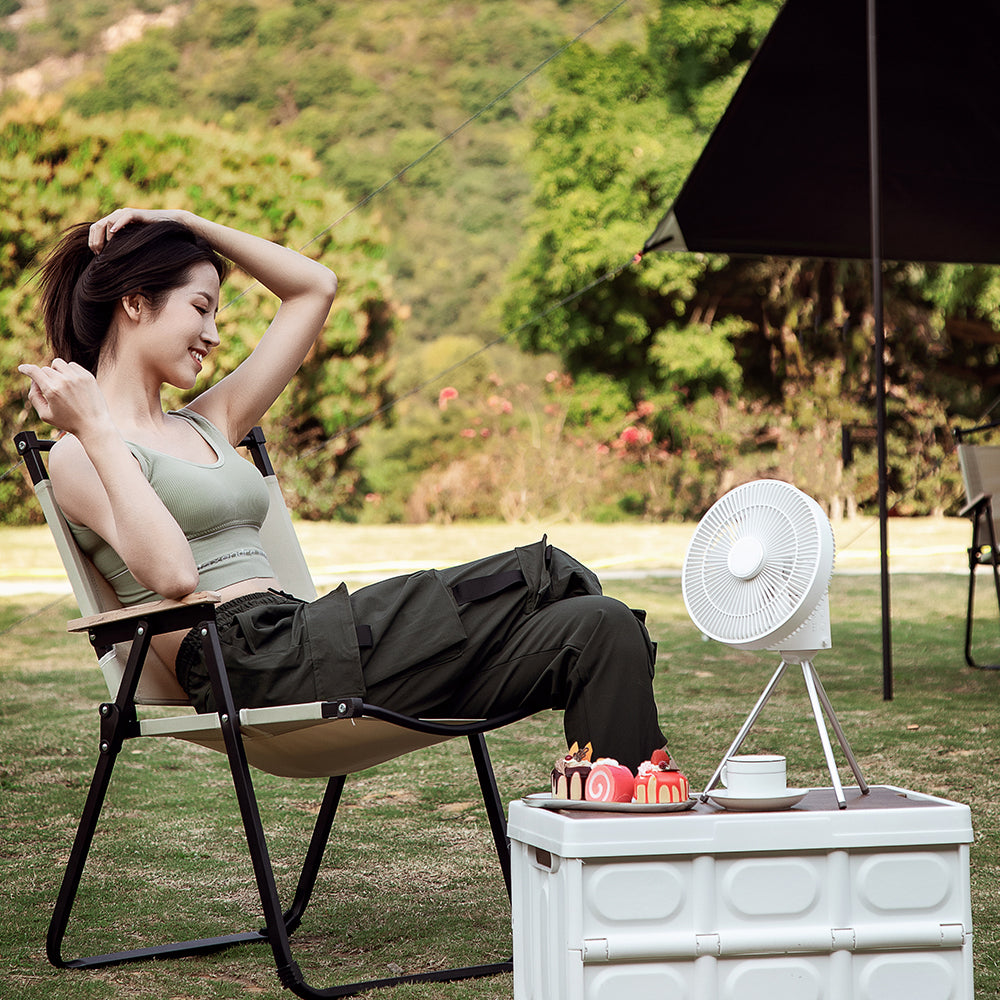 Oriday Driepoot Campingventilator | Stille oplaadbare vloerventilator met LED-verlichting en afstandsbediening – Draagbaar voor tent of thuisgebruik