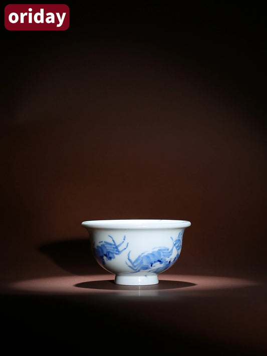 Oriday χειροποίητη κούπα τσαγιού με μπλε καβούρι | Κούπα πίεσης "πλούτος από όλες τις κατευθύνσεις" | Παραδοσιακή κινεζική κεραμική κούπα για τσάι