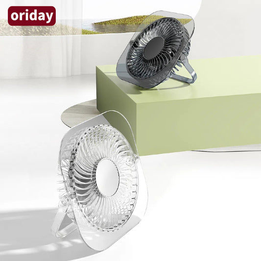 Ventilator mini transparent de birou 2025 – pliabil, silențios, ultra-subțire, cu lampă de noapte în formă de ventilator. Ideal pentru acasă, dormitor, cămin studențesc și birou. De la Oriday.