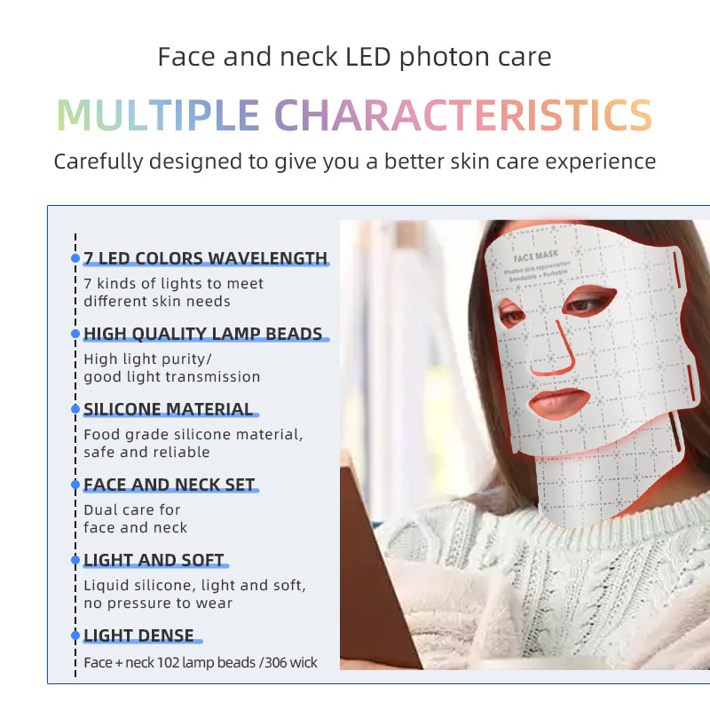 oriday Pure White Seven-Color LED Mask + Neck Light Therapy | Three energy levels for skin rejuvenation and whitening | Food-grade silicone for perfect fit | Home beauty device