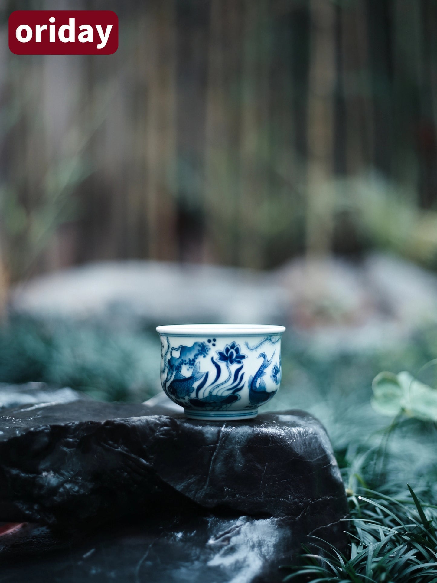 Taza de té Kung Fu de cerámica azul Oriday | Taza principal vintage con decoración bajo vidriado | Recomendada taza tradicional de té chino