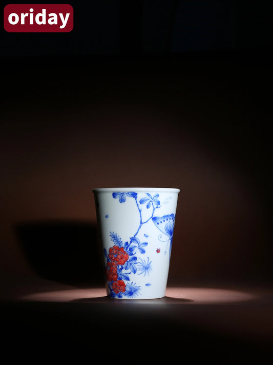 Oriday φλιτζάνι αρώματος με μπλε και κόκκινη υποζωγραφική | Χειροποίητο κεραμικό φλιτζάνι με θέμα πεταλούδα και λουλούδια | Συνιστάται για κύπελλο τσαγιού Kung Fu