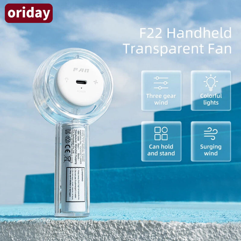 Oriday Ventilatore portatile con design trasparente e luci LED a sette colori | Tre velocità con possibilità di appendere | Leggero e portatile, perfetto per l'uso quotidiano e per attività all'aperto, design elegante