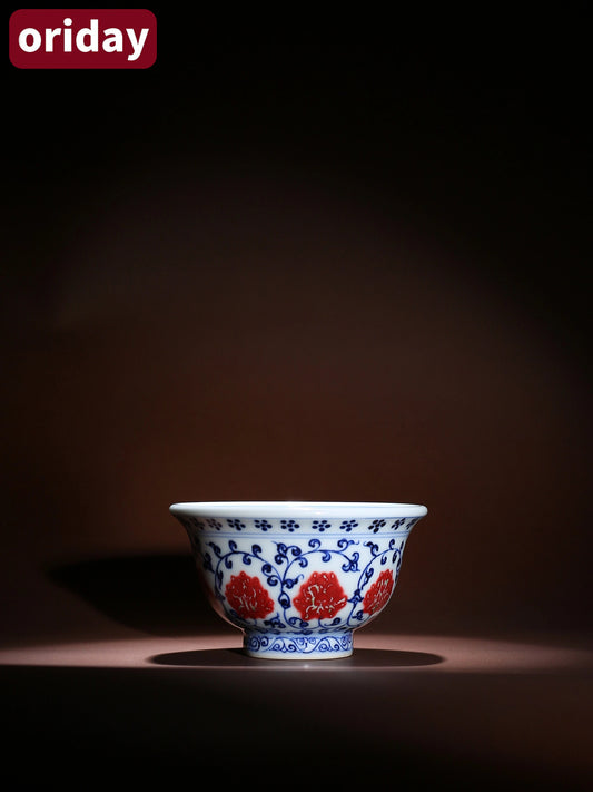 Oriday 明朝風 青花釉裏紅 茶器セット   絡み蓮模様・重み付き主人杯+急須セット