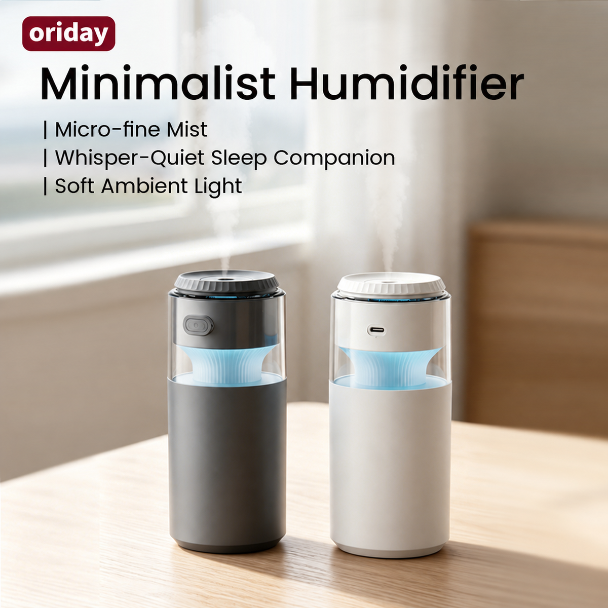 oriday迷你充電加濕器｜270mL水箱・七彩氛圍燈・雙模式細霧｜睡房辦公室桌面適用WT-D28