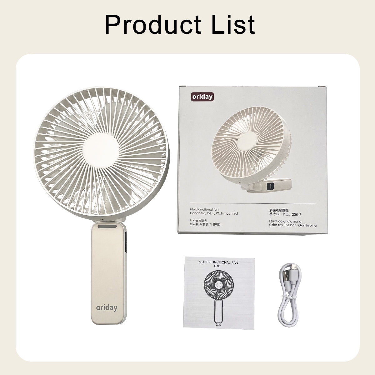 Ventilador de mano multifuncional Oriday, plegable con ventilador de escritorio, ajuste de 4 velocidades de viento, silencioso, batería de 3600mAh de larga duración, carga rápida Type-C, uso 3 en 1 (mano, montado en la pared o de escritorio)
