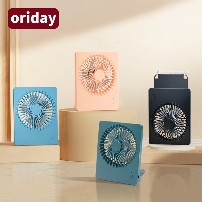 Ventilador de escritorio cuadrado oriday, silencioso con gran potencia de enfriamiento, recargable, lindo, con cabezal oscilante y plegable, portátil para uso universal para hombres y mujeres.