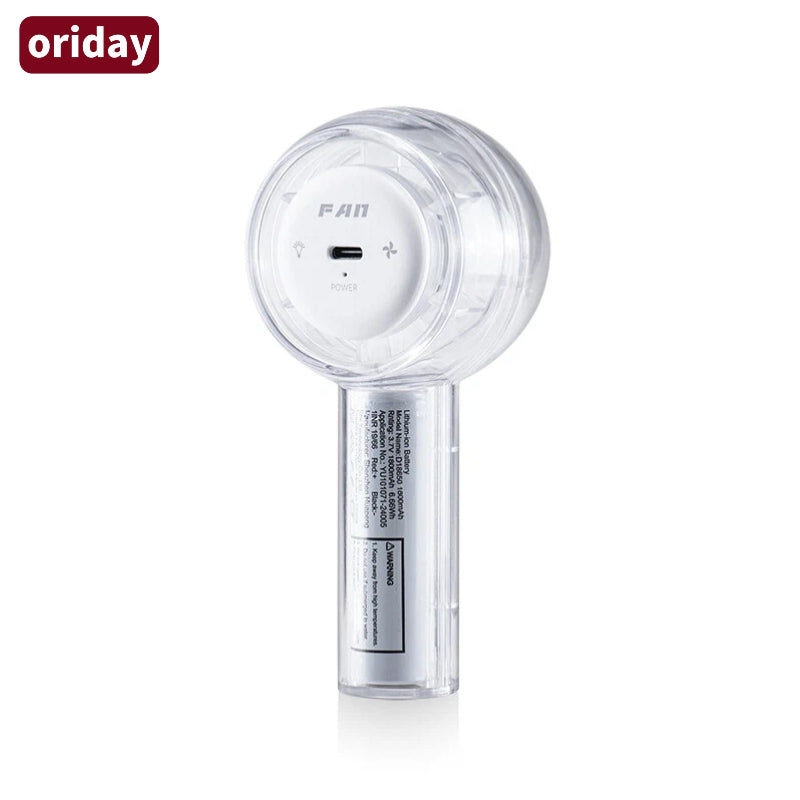 Oriday 透明デザインの7色LEDライト付きポータブルミニファン | 3段階の調速機能と吊り下げ可能 | 軽量で携帯性があり、通勤やアウトドアに最適、デザインが優れています