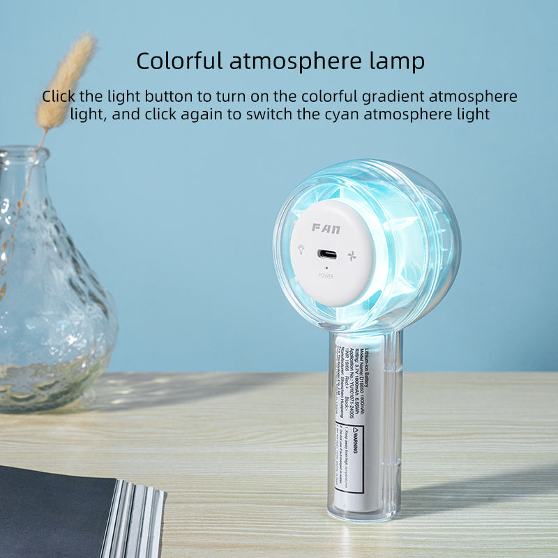 Oriday 透明デザインの7色LEDライト付きポータブルミニファン | 3段階の調速機能と吊り下げ可能 | 軽量で携帯性があり、通勤やアウトドアに最適、デザインが優れています