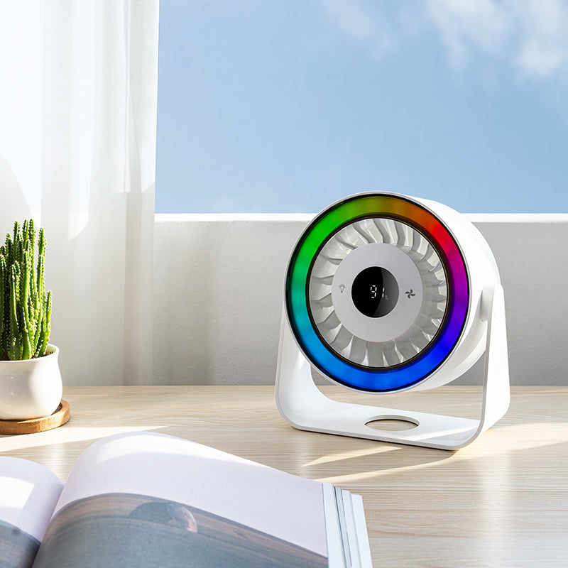 Oriday 2-in-1 Desk and Wall Fan, large capacity battery for long-lasting power, 5-speed quiet and strong wind, 3 adjustable light modes, adjustable angles and automatic oscillation, counterclockwise rotating fan cover for easy cleaning