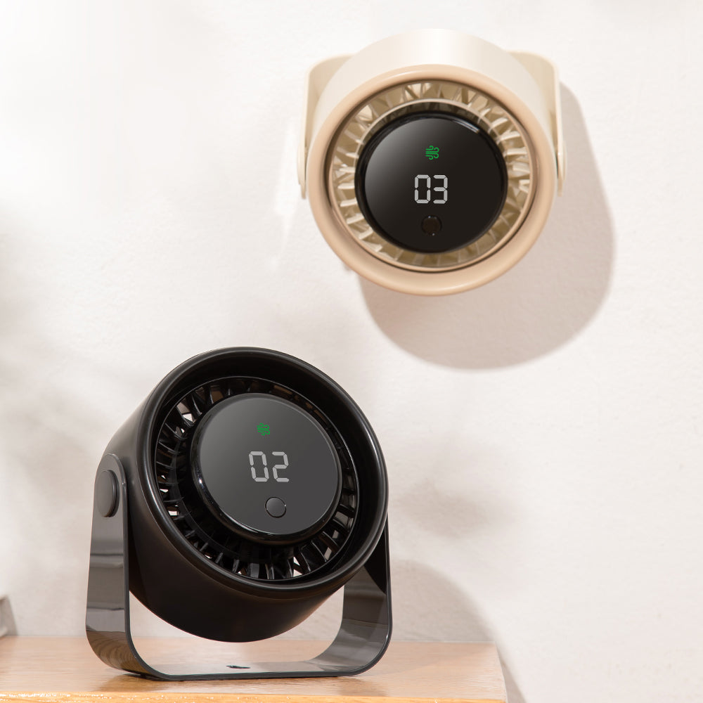 Oriday【ไอเทมคลายร้อนหน้าร้อน】พัดลมติดผนังและตั้งโต๊ะ 2-in-1 | แบตเตอรี่ชาร์จได้ 3000mAh ใช้งานยาวนาน | มอเตอร์ไร้แปรง เงียบ + หน้าจอ LED ดิจิทัล | เหมาะสำหรับแคมป์ปิ้ง/สำนักงาน | มีสีแอปริคอต/ดำ
