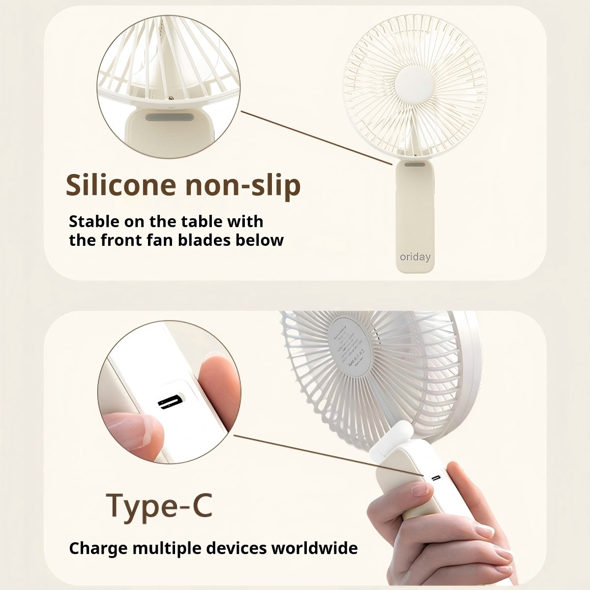 Ventilador de mano multifuncional Oriday, plegable con ventilador de escritorio, ajuste de 4 velocidades de viento, silencioso, batería de 3600mAh de larga duración, carga rápida Type-C, uso 3 en 1 (mano, montado en la pared o de escritorio)
