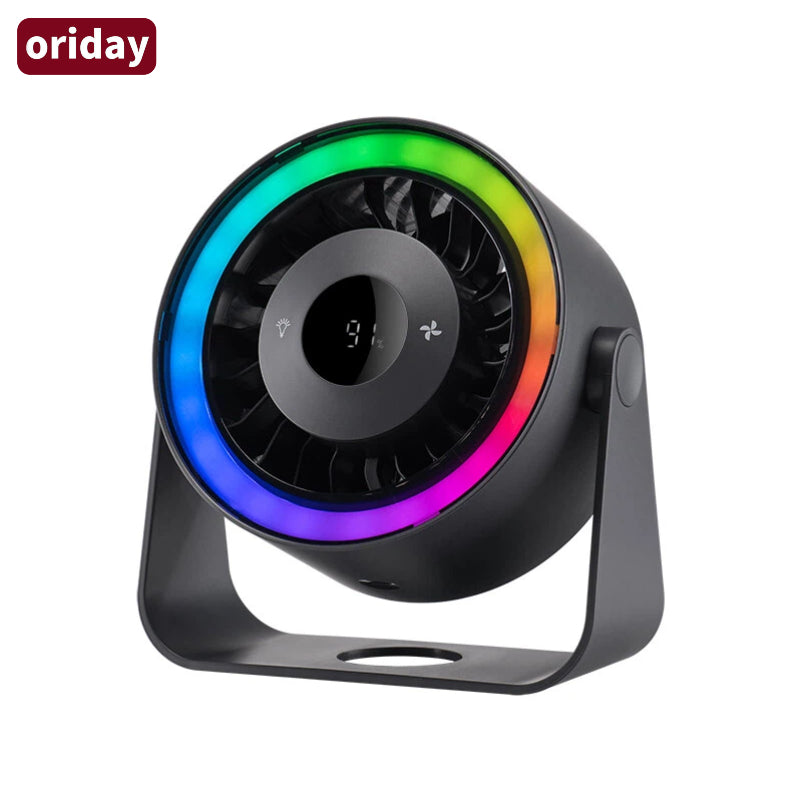 Oriday 2-in-1 Desk and Wall Fan, large capacity battery for long-lasting power, 5-speed quiet and strong wind, 3 adjustable light modes, adjustable angles and automatic oscillation, counterclockwise rotating fan cover for easy cleaning
