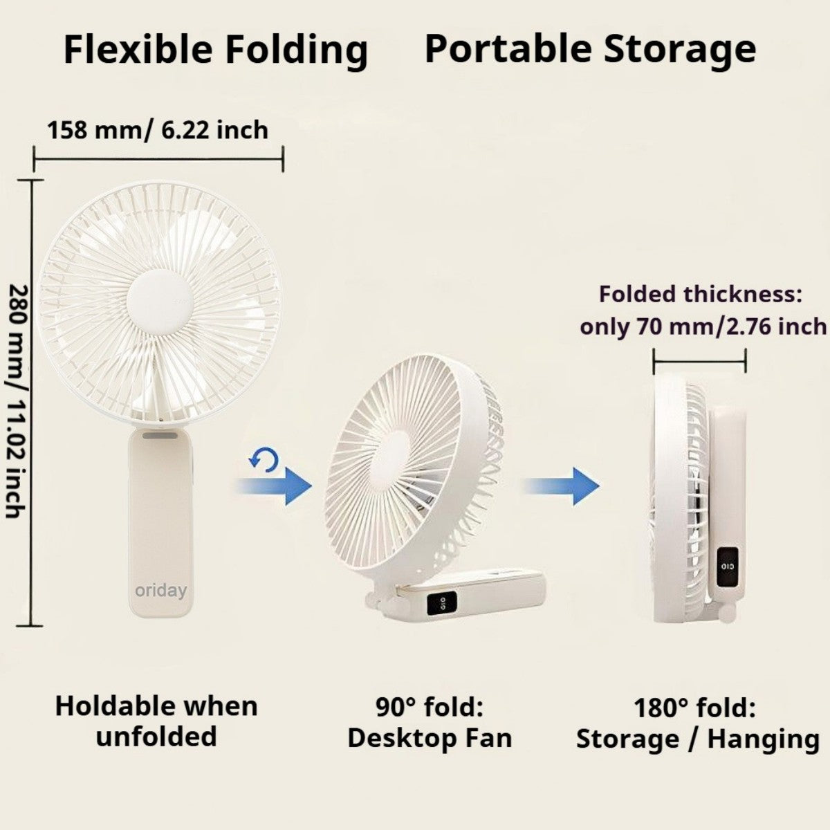 Ventilador de mano multifuncional Oriday, plegable con ventilador de escritorio, ajuste de 4 velocidades de viento, silencioso, batería de 3600mAh de larga duración, carga rápida Type-C, uso 3 en 1 (mano, montado en la pared o de escritorio)
